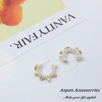 【Anpan】925銀針韓東大門NYU時尚CHIC風 C型珍珠耳環