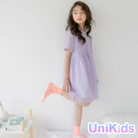 【UniKids】中大童裝短袖洋裝 花朵森系蕾絲連身裙 女大童裝 VW20012(紫)