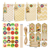 24sets Christmas Kraft Paper Bags Merry Christmas Gift Bags Party Favor Packing Pack Set Cookies Candy Pouch with Xmas Stickers