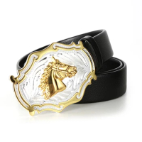 Western cowboy leather belt Horsehead zinc alloy leather belt Silver gold men's high-grade belt