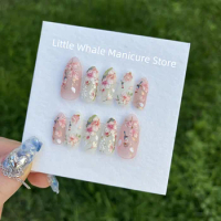 Pink sakura flower nails, reusable nails, press-on nails, fake nails, manicurist artificial nails, handmade gel art nails
