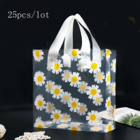 25pcs Plastic Bag with Handle Gift Packaging Bag Daisy Print Transparent Shopping Bag Portable Clothing Packaging Bag Thick