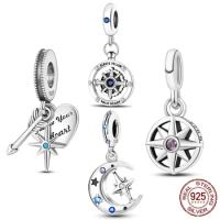 Follow Heart Compass Dangle Charms Beads Pendant 925 Silver Fit Original Pandora Bracelet Bangle DIY for Jewelry Making