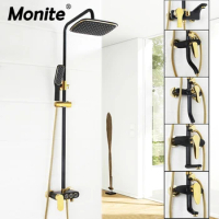 Monite Black Gold-plated Wall Mounted Bath Shower Set Faucet Rotation Shower Head Bathroom Water Saving High Pressure Shower Set