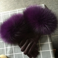 真皮手套保暖手套-紫色羊皮狐狸毛加絨女手套74by54【獨家進口】【米蘭精品】
