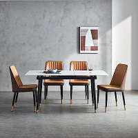 hoi! 林氏木業時尚簡約岩板可伸縮餐桌 JI3R+褐色餐椅LS073-白色(一桌四椅) (H014323740)