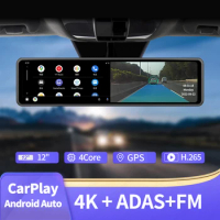 12 Inch 4K Car DVR Wireless CarPlay Android Auto ADAS WiFi Dash Cam GPS FM Rearview Mirror Video Recorder 24h Parking Monitor