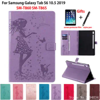Case For Samsung Galaxy Tab S6 10.5 2019 T860 T865 SM-T860 SM-T865 Cover Funda Tablet Girl Cat Embossed Stand Shell Coque +Gift