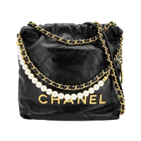 Chanel 香奈兒 22 Mini Bag 仿舊金logo菱格縫線珍珠鍊小牛皮斜背包(AS3980-黑)
