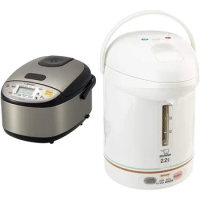 Zojirushi NS-LGC05XB Micom Rice Cooker &amp; Warmer, 3-Cups (uncooked), Stainless Black &amp; CW-PZC22FC Micom Super Boiler 2.2L
