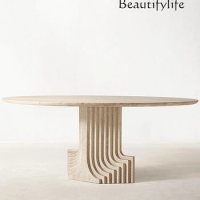 New Natural Marble Dining-Table Cave Stone round Table Italian Style Light Luxury Modern Designer Model Dining Table