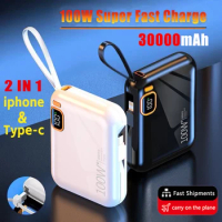 30000mah Portable Power Bank PD100W Detachable USB to TYPE C Cable Two-way Fast Charger Mini Powerbank for iPhone Xiaomi Samsung