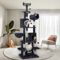 Tall Cat Tree, Cat Tree Tower for Indoor Multiple Cats Climbing Tree with Scratching Post, Large Hammock, Cat Activity Center