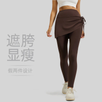 Seluar Skirt Yoga Ruched Drawstring Baharu untuk Wanita, Dua Keping Palsu, Pelangsingan Badan, Anti-