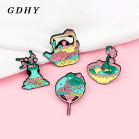 GDHY Vintage Teapot Kettle Vase Fan Bowl Enamel Pin Chinese Style Pink Lotus Leaf Plum Blossom Brooches Badge Brooch Gifts