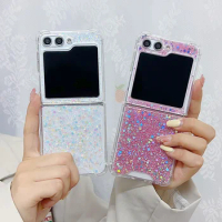 For Samsung Galaxy Z Flip 5 4 3 Flip5 Case Bling Glitter Sequin Transparent Folding Shockproof Protection Hard Cover Accessories