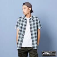 【JEEP】男裝 經典格紋短袖襯衫(藍黑色)