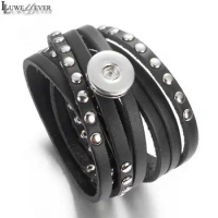 Multi-turn Punk Rock 069 Real Genuine Leather Fit 18mm Snap Button Bangle Bracelet Charm Jewelry For Women Men 65cm 25.6inch