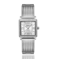 【GUESS】白面 銀殼 銀刻度 米蘭+不鏽鋼錶帶 晶鑽方型手錶 女錶 情人節(W0826L1)