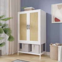 Bedroom rattan made 2-door wardrobe with hanging rods, independent wooden wardrobe with shelves, free of shipping
