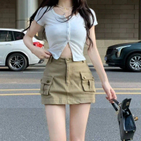 I Fashion Store - skirt pendek ketat untuk wanita, ketibaan baru, pinggang tinggi, gaya Korea, khaki