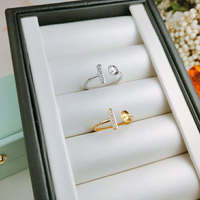 DIY珍珠配件 925銀珍珠戒指空托 T形金色銀色指環托配8-10mm圓珠