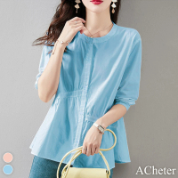 【ACheter】甜美褶皺娃娃衫七分袖棉圓領襯衫短版上衣#116263(2色)