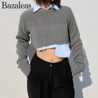 2023 bazaleas store traf grey Crop Knitted Jumper Ribbed Crop Knit Top pullover official women's clothing