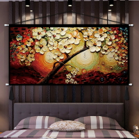 橫版油畫藝術發財樹掛畫北歐風格臥室床頭客廳沙發背景墻布藝掛毯