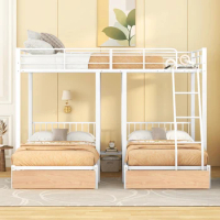 Full Over Twin &amp; Twin Bunk Bed, Metal Triple Bunk Bed with Drawers and Guardrails, White