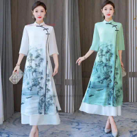 2024 ao dai national retro dress women vietnam flower print cheongsam vintage mandarin collar dress vietnam qipao evening dress