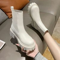 2021秋季新款白色短靴mona中筒馬丁靴厚底增高百搭女煙筒切爾西靴