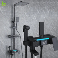 LED Temperature display Shower Faucet Stainless Steel Cold Hot Bathtub Tap With Spray Bidet and Bathroom Shelf