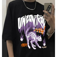 Kaos Distro UNCONTROL Flame Cat – Unisex Oversize Graphic Tee Urban Underground Style