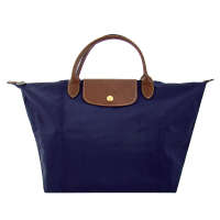 Longchamp深藍色咖啡色皮飾邊折疊水餃包(中)