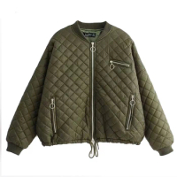 2019 Autumn Diamond Plaid Bomber Jacket Loose Thicker Coat Zipper Flight Jacket Women Windbreaker Casual Streetwear