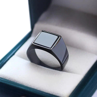 Cincin Titanium Pria Model Permata Kotak Hitam Datar Anti Luntur - Rings