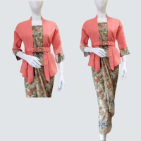 Setelan Kebaya Modern Elnira Model Kutu Baru Bahan Katun Warna Peach untuk Wanita - Dress Lilit Panj