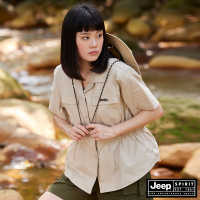 JEEP 女裝 縮腰設計簡約短袖襯衫-淺卡其