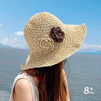 【89 zone】法式簡約花朵度假休閒 草帽 沙灘帽 太陽帽 大沿帽 防曬帽 遮陽帽(卡其/米)