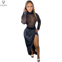 VAZN 2022 Top Quality Sexy Club See Through Lace Long Spit Dress Young Turtleneck Full Sleeve High Waist Women For Robe