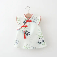 Summer Baby Girl Cotton Panda Print Tassel Dress Girl Chinese Style Hanfu Dress