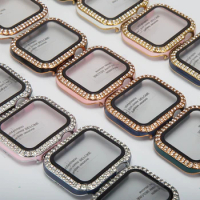 Watch Case+Tempered film for Apple watch 44mm 42mm 40mm 38mm double row Diamond case for iwatch 6 5 4 3 2 1 SE Protective shell