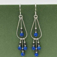 Lapis lazuli earrings, teardrop three pendant earrings, lapis lazuli beaded earrings