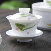 Hand Drawn White China Gaiwan Persimmon Porcelain Tureen Jingdezhen Gaiwan Tea Set Chinese Tea Cups Chawanmushi Bowl With Lid
