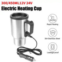 300/450ML12V 24V Electric Heating Car Kettle Water Coffee Milk Thermal Mug Camping Travel Kettle Stainless Steel Vehicle Heating