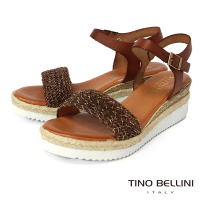 Tino Bellini 西班牙進口金蔥混織牛皮繫帶增高涼鞋-咖啡