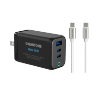 【GIGASTONE 立達】GaN 65W氮化鎵Type-C三孔快充充電器+C to C充電傳輸線(支援iPhone16/15/Mac筆電充電頭)