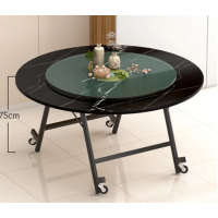 可移動折疊玻璃轉盤圓形餐桌(黑理石紋)(尺寸:1.6米圓桌+1.1米轉盤，高75CM)