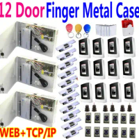 12 Door Full Power supply box+12 Metal Biometric Fingerprint/Card scanner+12 strike door lock+magnetic sensor access control kit